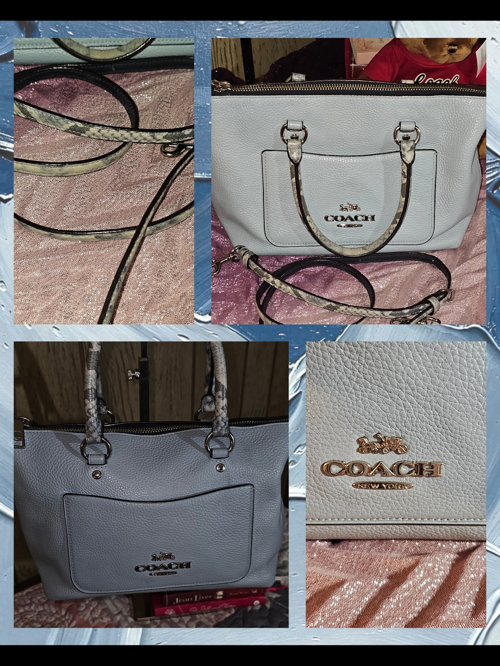 Coach Mini Emma Satchel Exotic Trim Pale Blue Pebble Leather Crossbody F31470